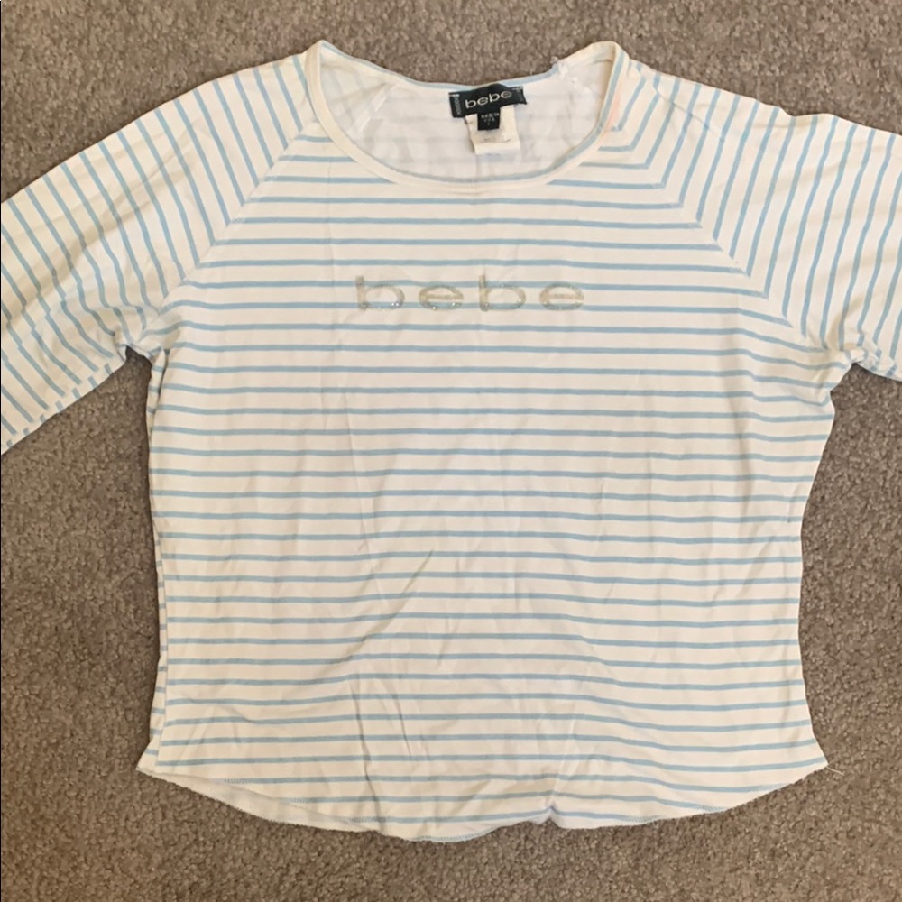 Bebe White and Light Blue Striped Tee